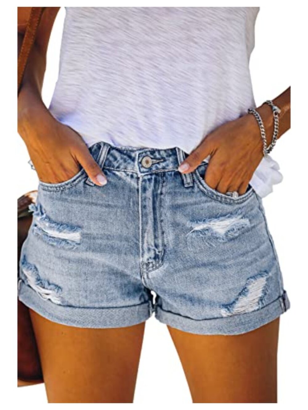 High Waisted Ripped Denim Shorts Folded Hem Stretch Jean Shorts